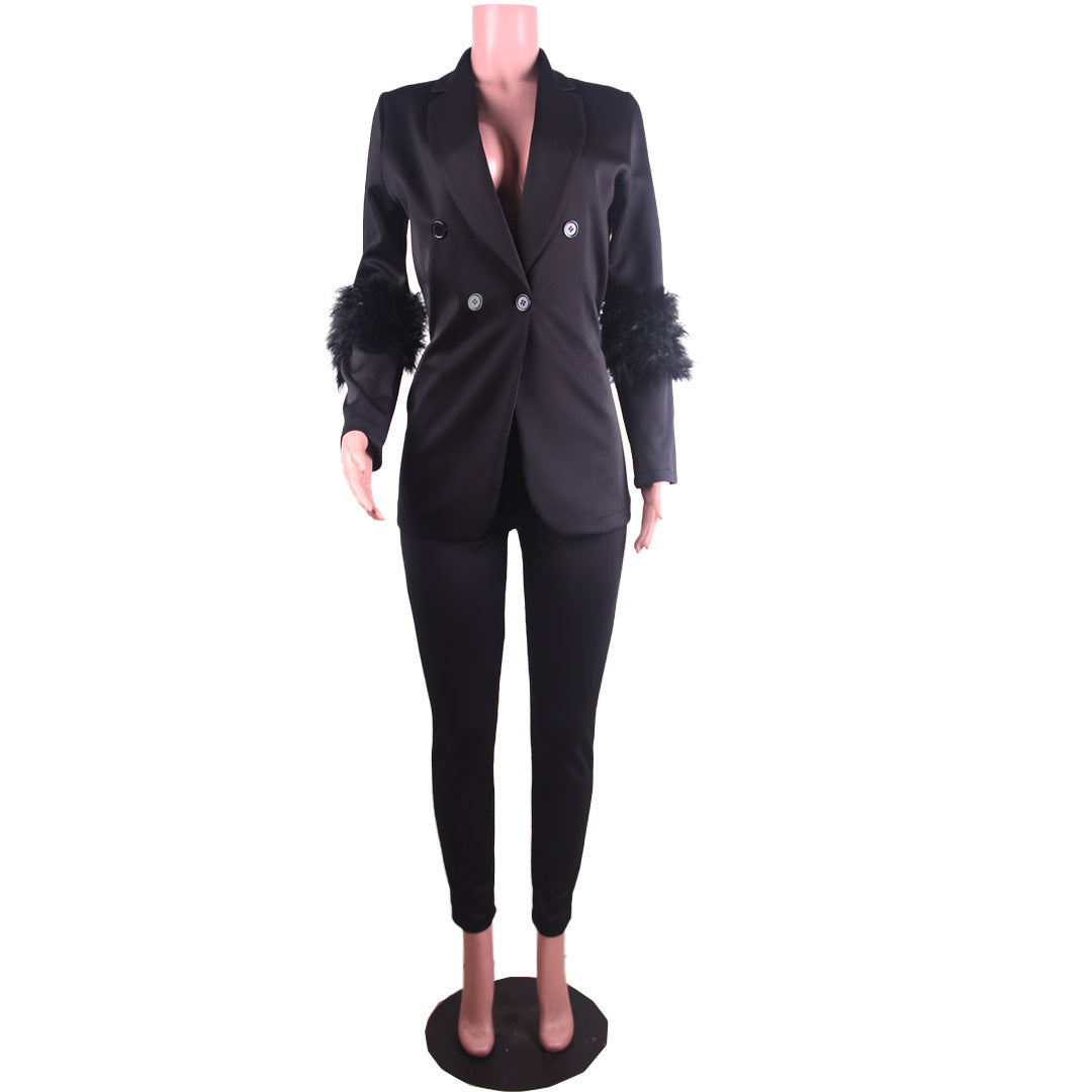 Fall Women Feather Blazer and Pant Two Piece 14