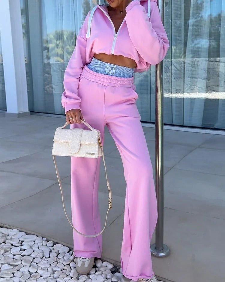 Women Fall V-Neck Athletic Solid Top and Pant Two-Piece Set 4