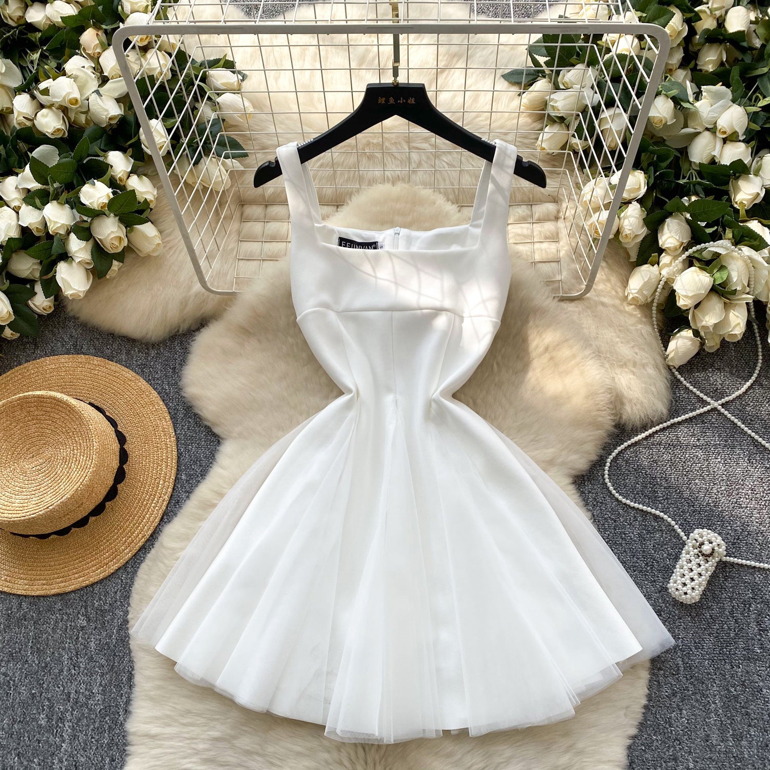 Women's Summer Square Neck Strap Mesh Patchwork Puffy Long Dress 4