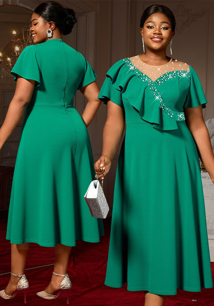 Plus Size Women's Flounce Short Sleeve Mesh Patchwork Rhinestone A-Line Elegant Dress