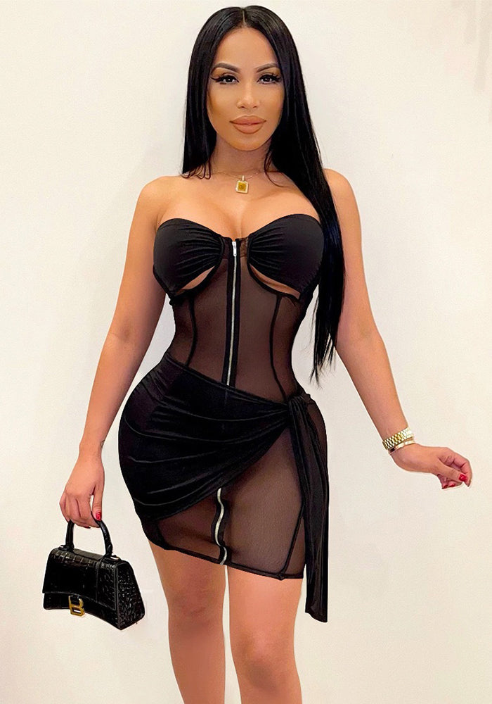 Women See-Through Zipper Hollow Lace-Up Sexy Backless Bodycon Dress