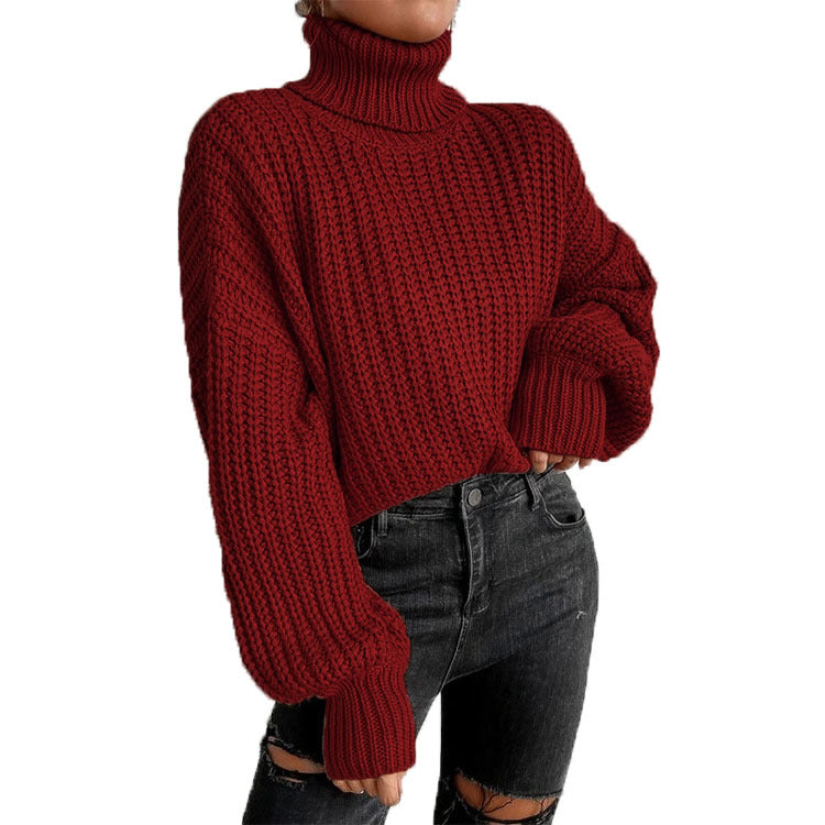 Autumn and Winter Fashion Shoulder Drop Long Sleeve Knitting Loose Pullover High Neck Sweater 4