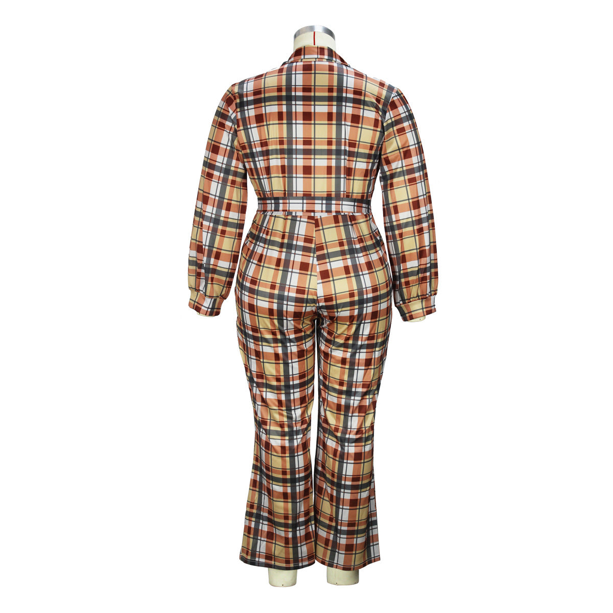 Plus Size Women's Autumn Fashion Long Sleeve Plaid Print Casual Jumpsuit 11