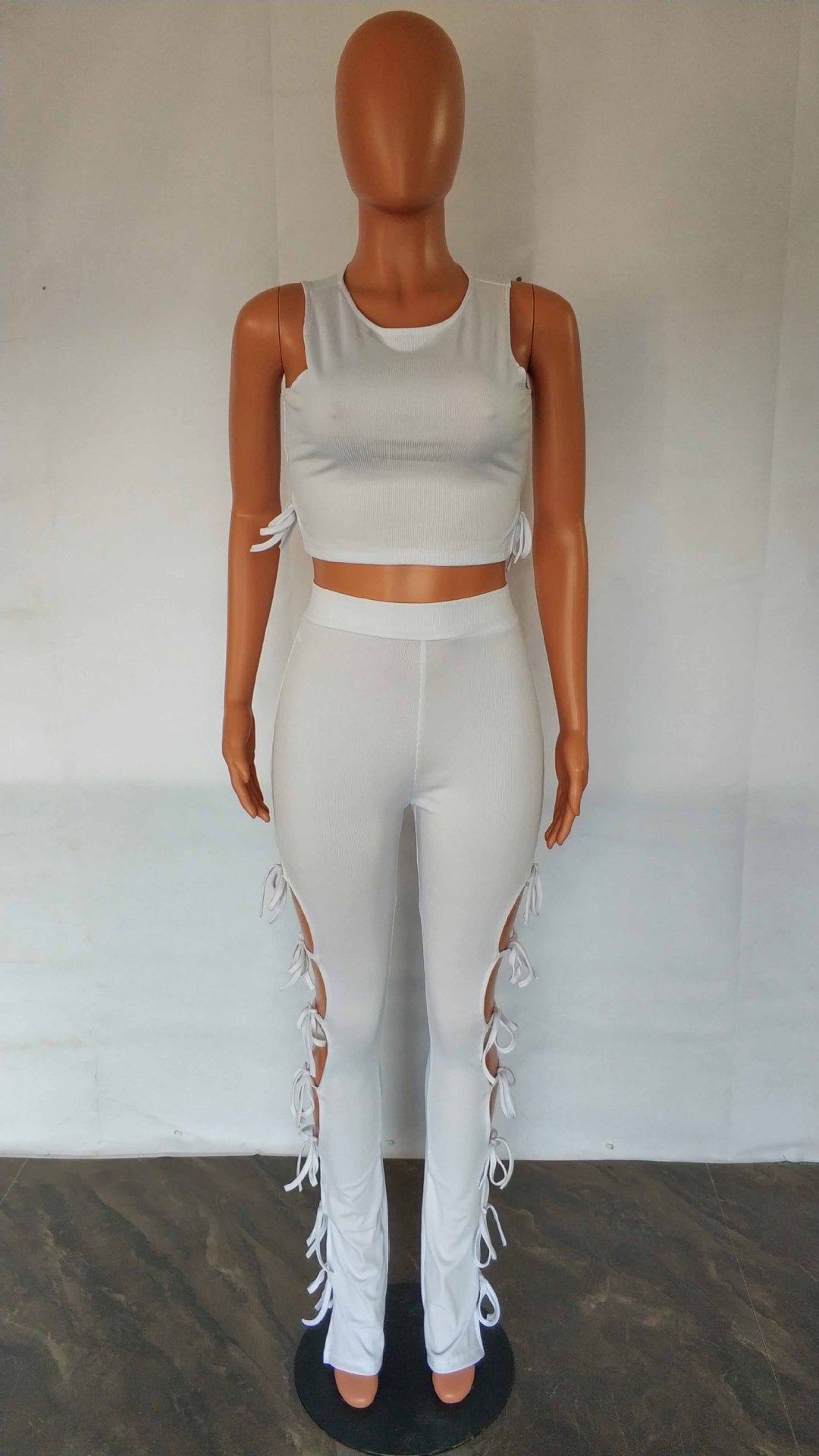 Women's Fashion Summer Style Cutout Tie Solid Color Ribbed Sleeveless Two-Piece Pants Set 11
