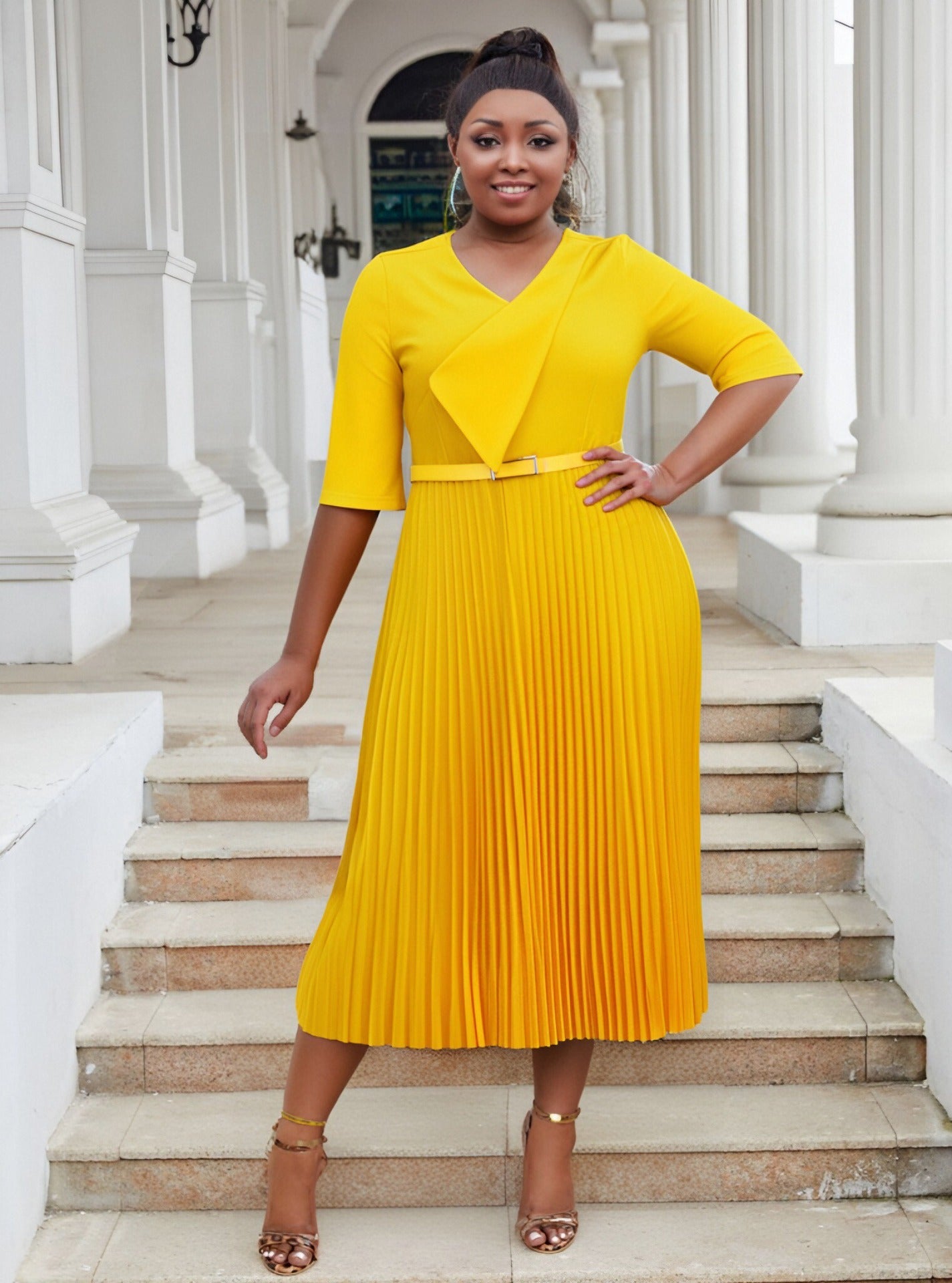 Plus Size fashion Career women's summer fashion Chic V-neck solid color pleated office dress 11