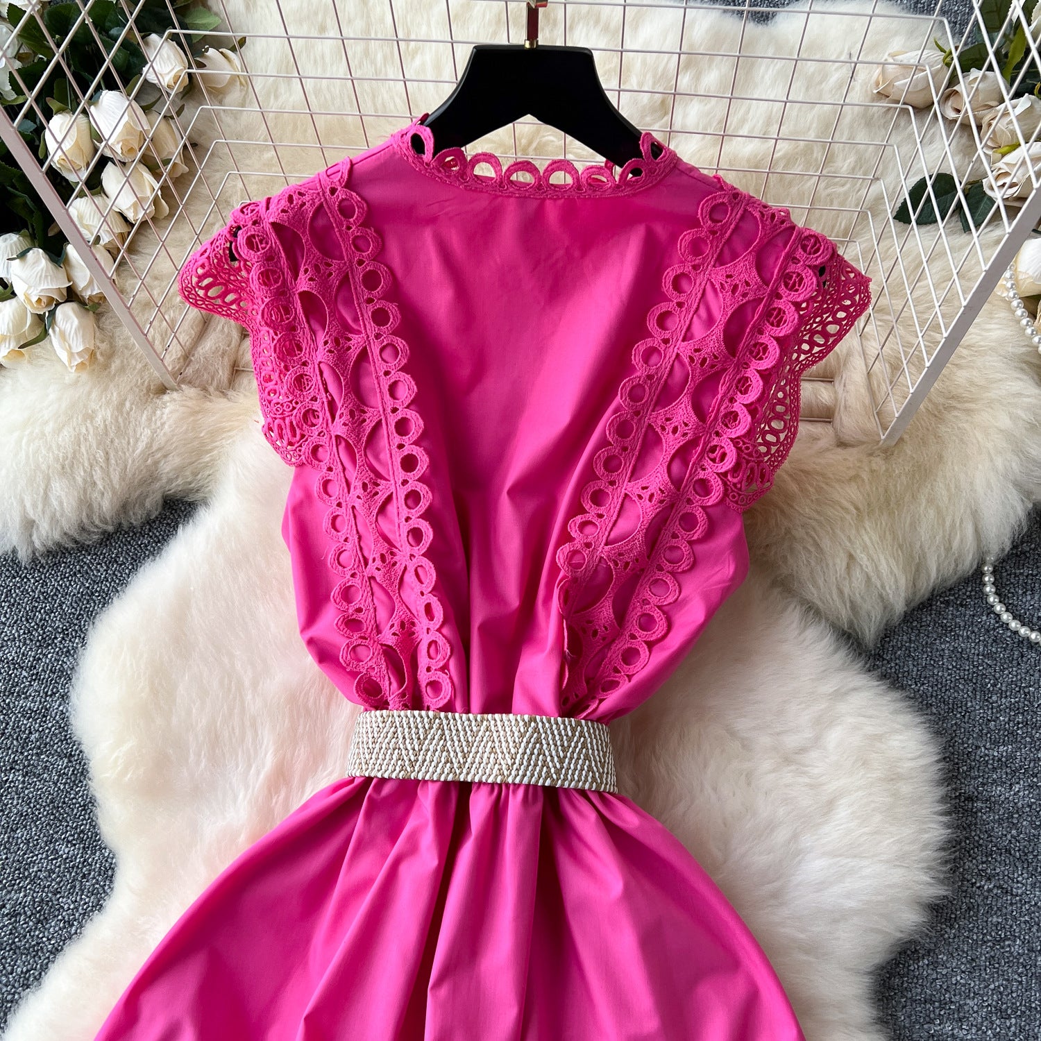 Women Vintage French Elegant Cutout Lace Patchwork Sleeveless Dress 26