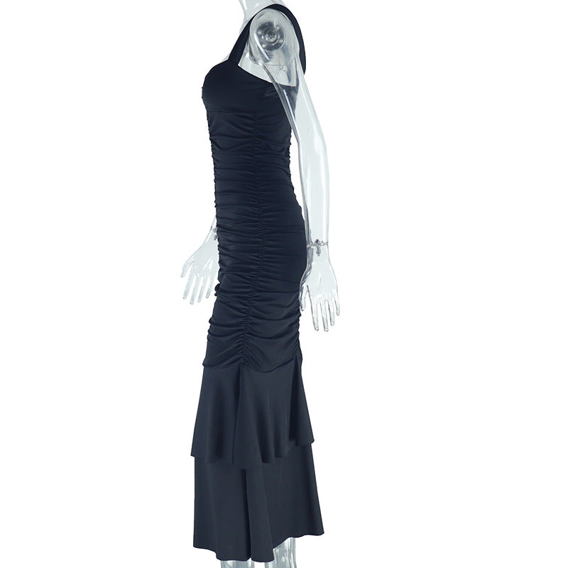 Women Solid Color Strap Sleeveless Low Back Tight Fitting Pleated Fishtail Dress 7