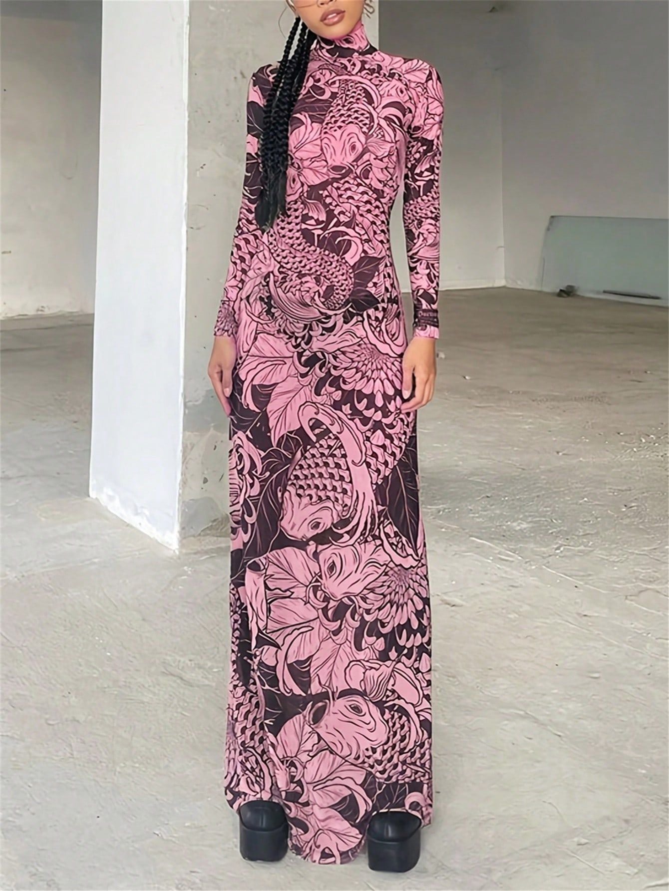 Women's Autumn Fashion Mesh Print See-Through High Neck Slim Fit Dress 11