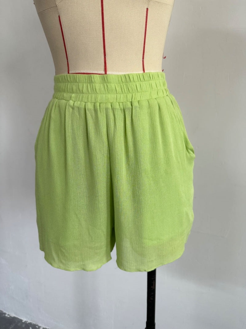 Women Solid Loose Turndown Collar Shirt and Wide Leg Shorts Casual Two-Piece Set 7