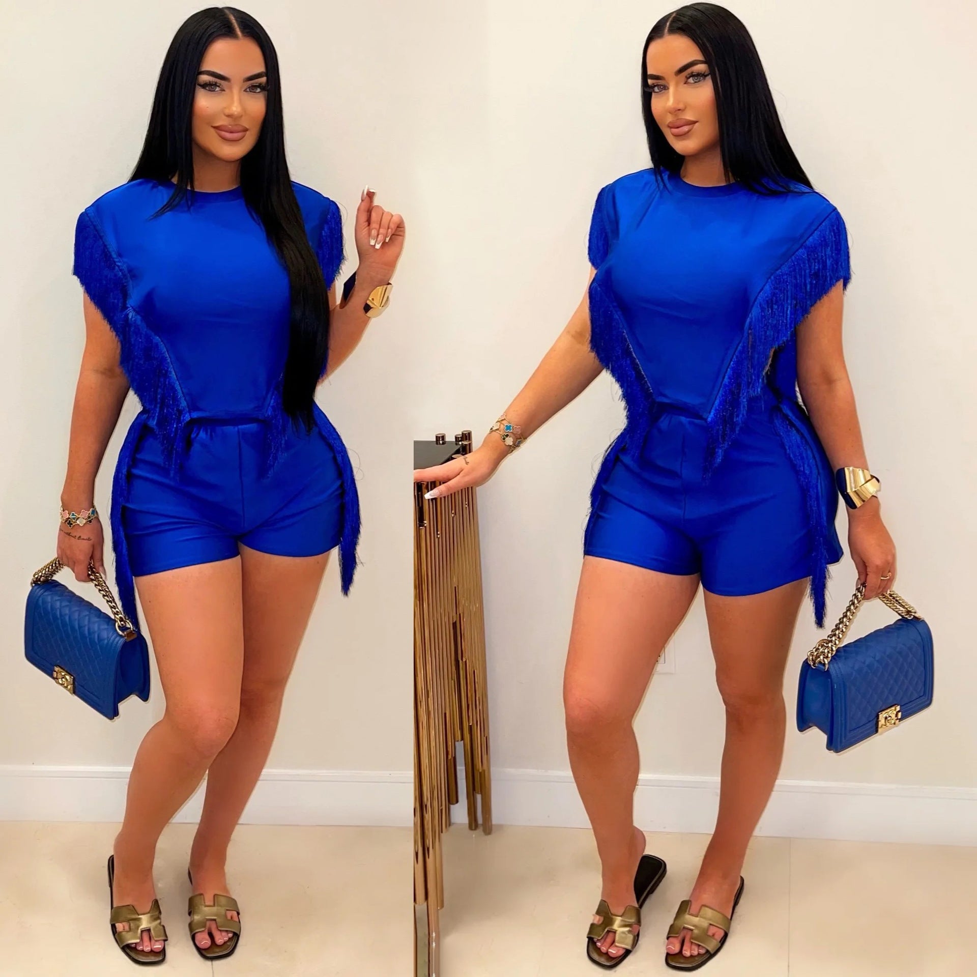 Fashionable Casual Solid Color Tassel Feminine Round Neck Top And Shorts Two-Piece Set 3