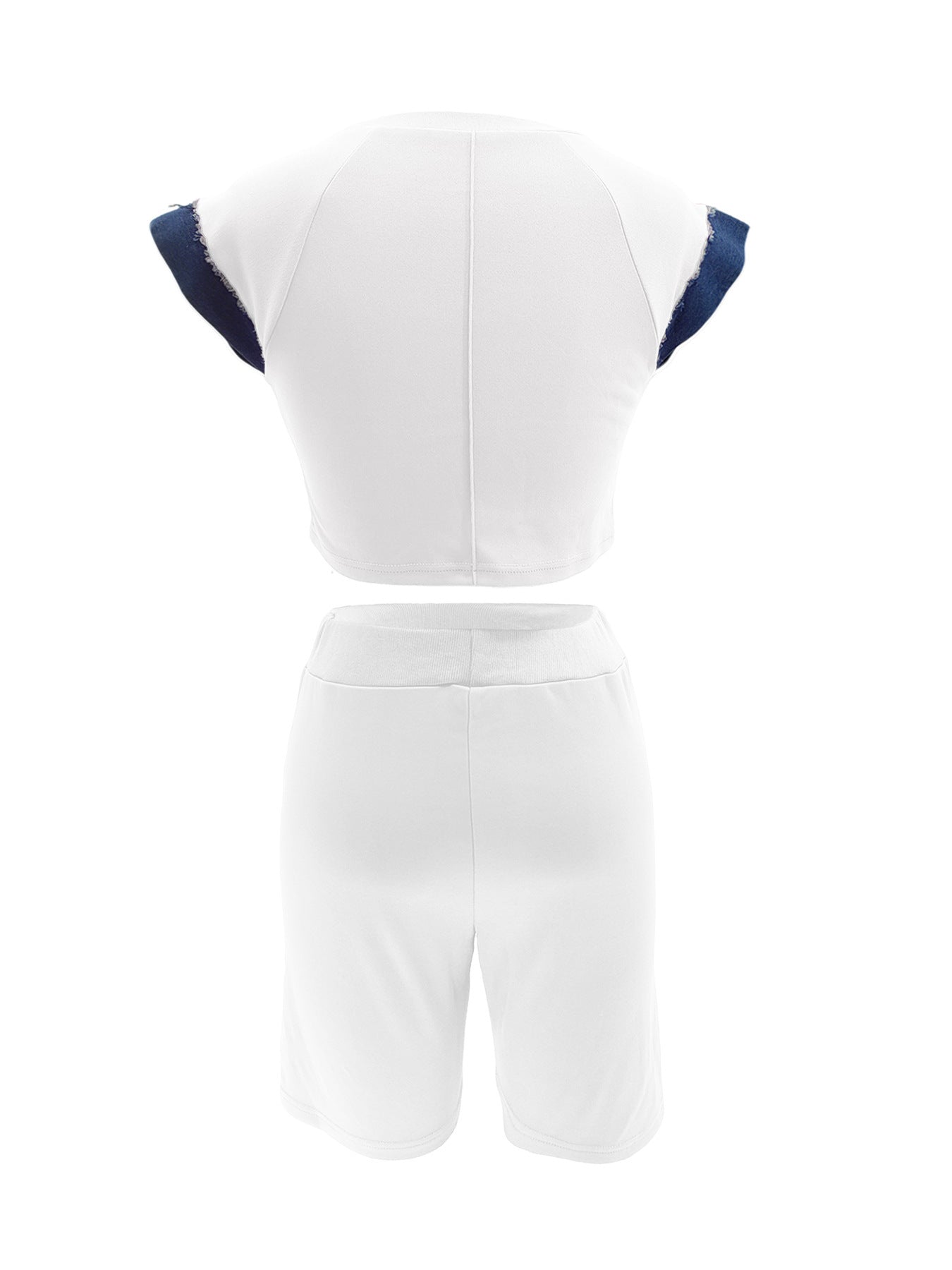 Women Casual Denim Patchwork Short-sleeved Top and Shorts Two-piece Set 15
