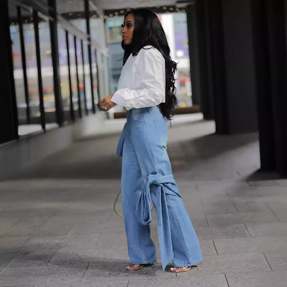 Lace-Up Pocket Wide Leg Straight Washed Denim Pants 3