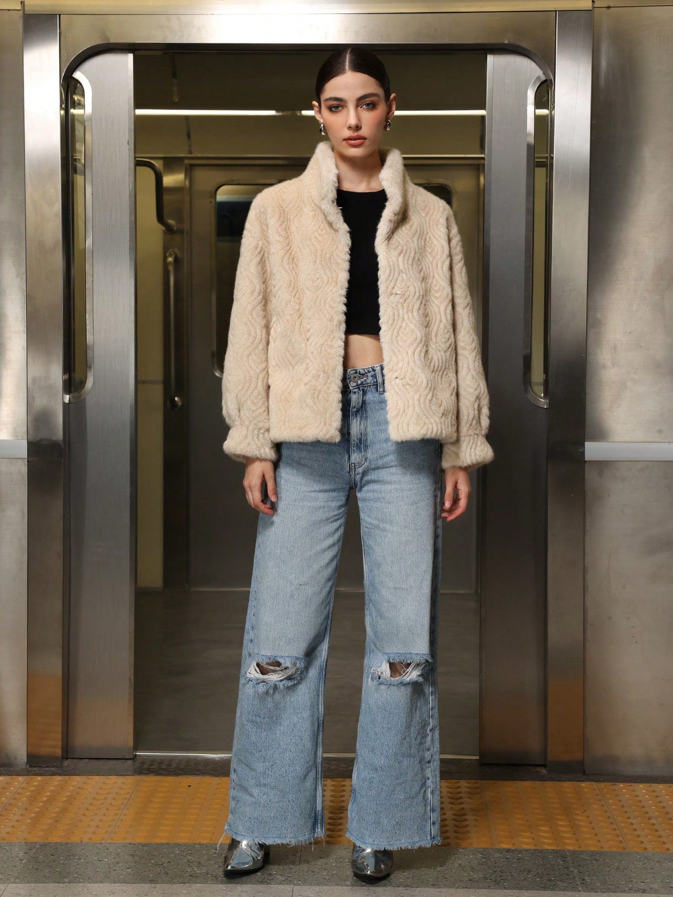 Autumn Winter Ribbed High Neck Long Sleeve Warm Women's Fur Coat Fashion Outerwear 5