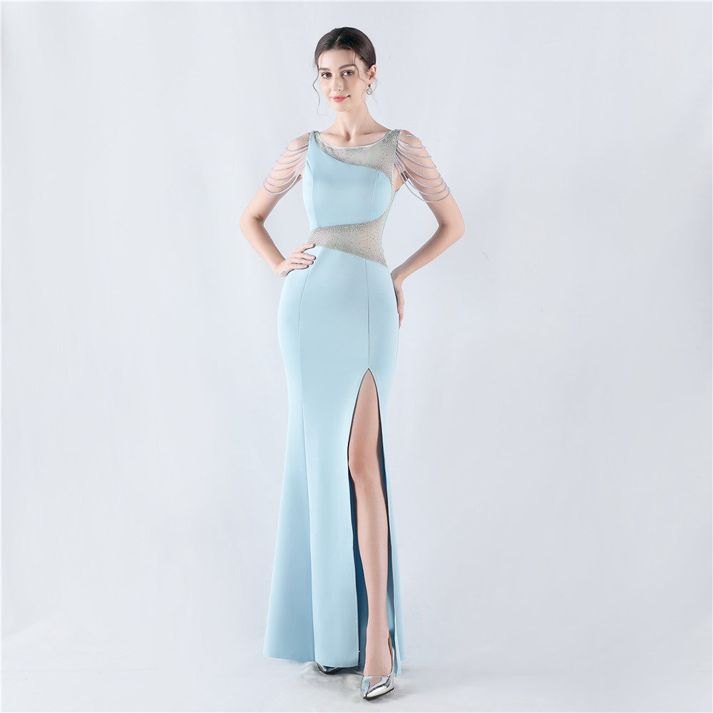 Women Beaded See-Through Mesh Split Evening Dress 8