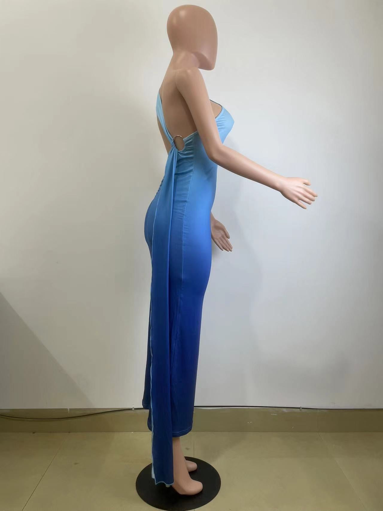Women's Summer Sleeveless Slash Shoulder Gradient Color Sexy Slim Bodycon Long Dress 9