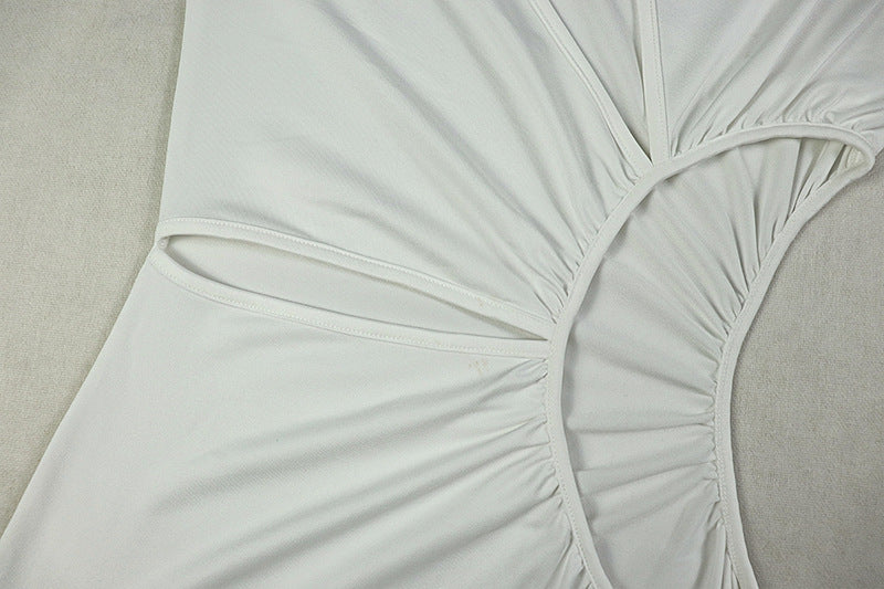 Chic Women's Fashion Cut-Out Slit Irregular Round Neck Solid Color Pleated Dress 26