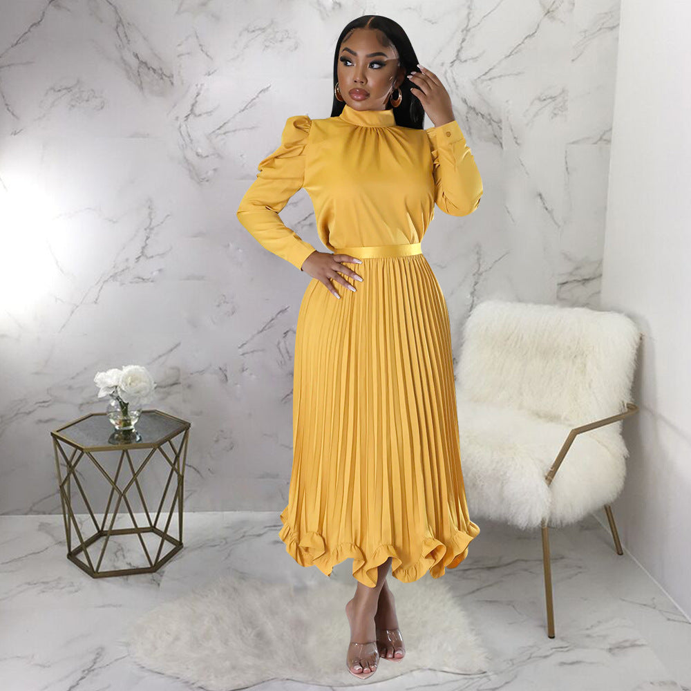 Women's Winter Puff Sleeve Top Ruffled Pleated Skirt Two-Piece Suit 4