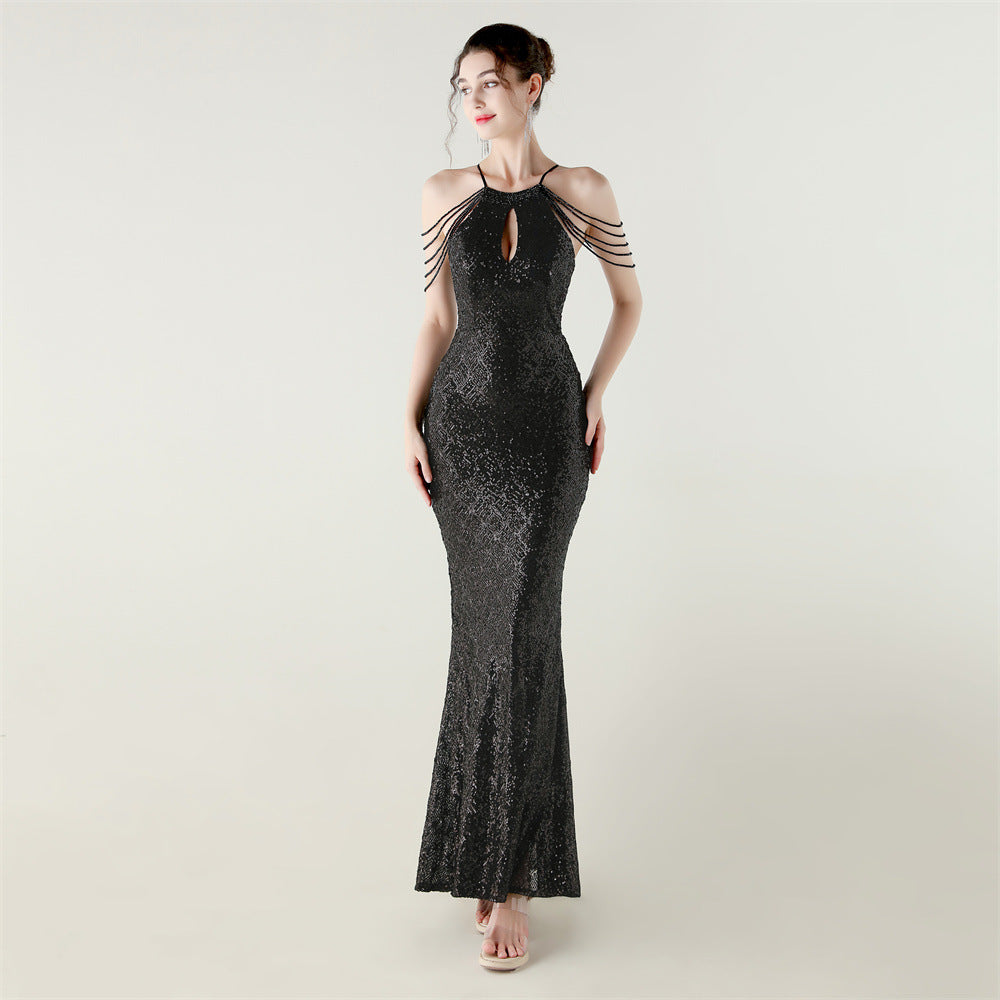 Sequin Beaded Off-Shoulder Halter Fishtail Luxury Party Dress 3