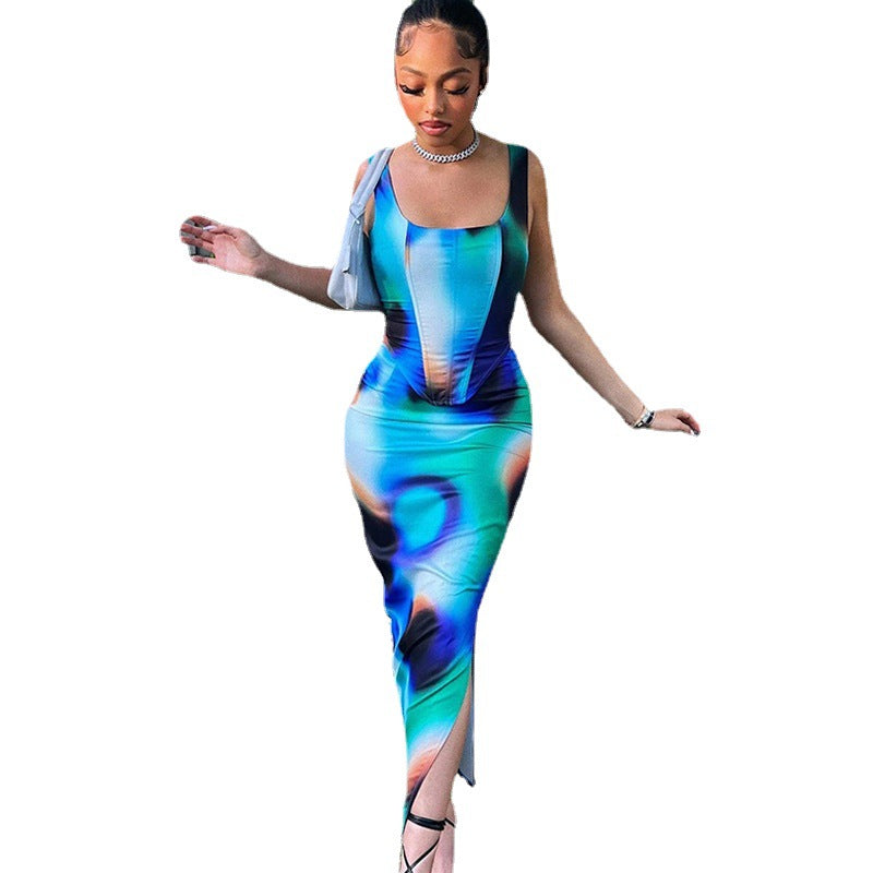 Women Printed Sleeveless Vest Top and Slit Skirt Two-piece Set 6