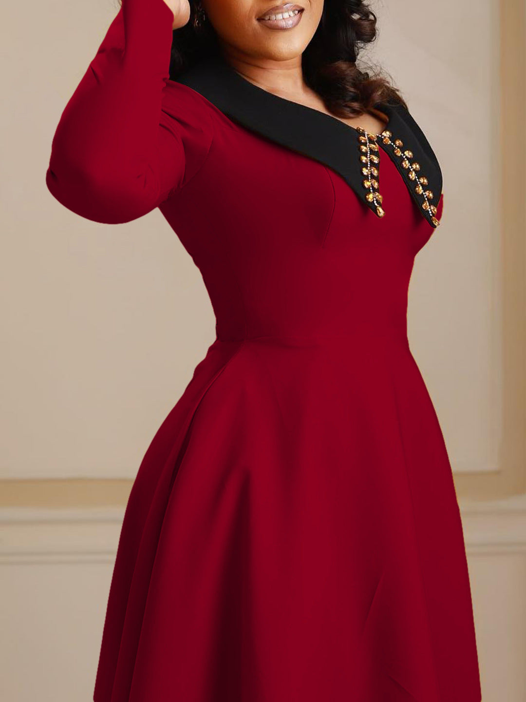 African Women Solid Long Sleeve Turndown Collar Elegant Dress 7