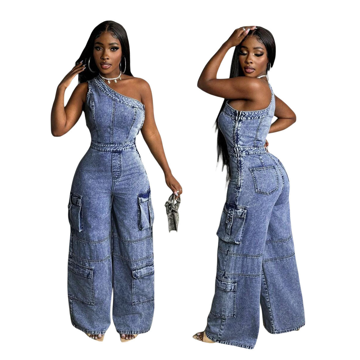 Women slash shoulder stretchy washed denim jumpsuit 5