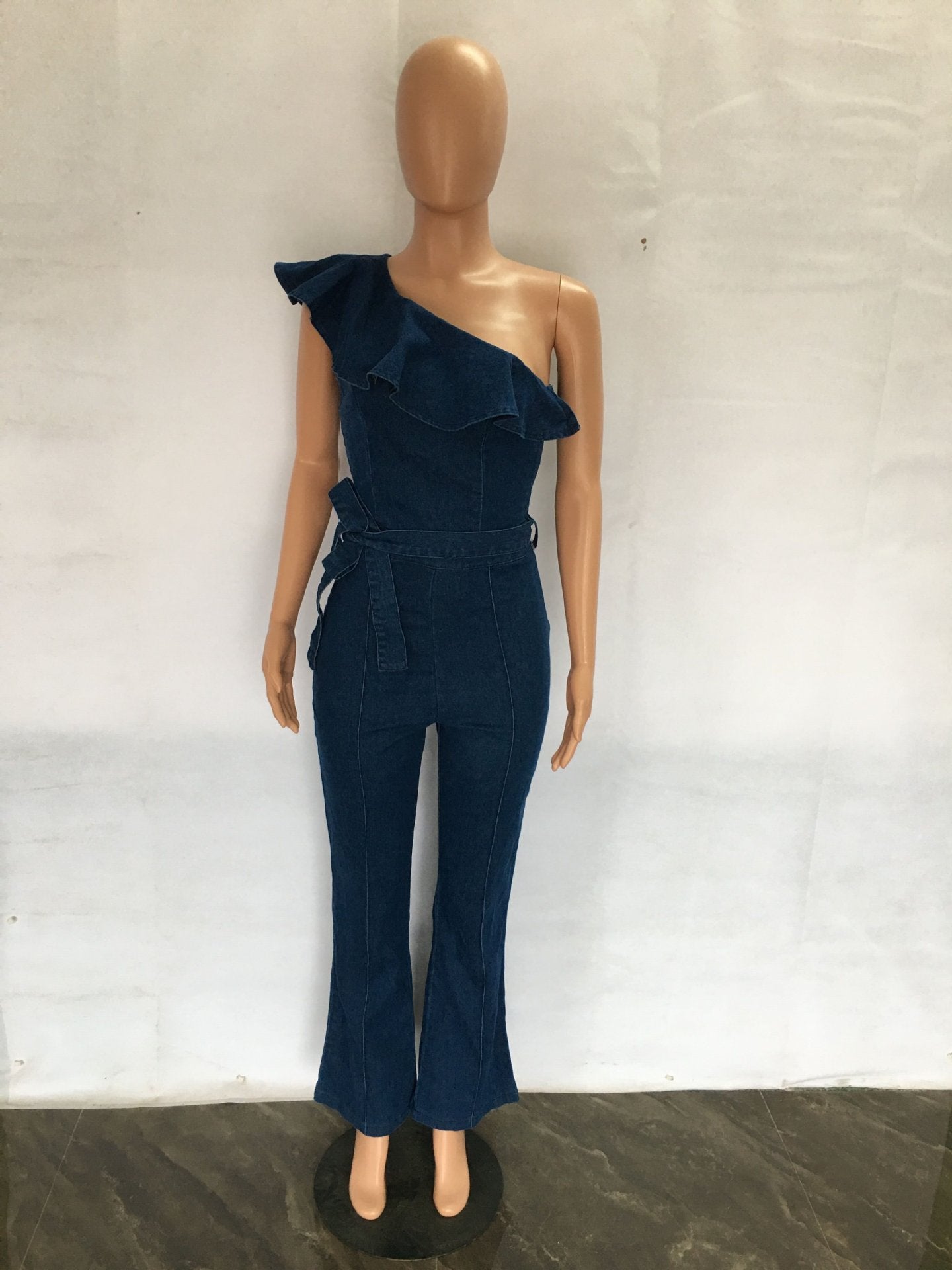Women Ruffle Slash Shoulder Stretch Wide Leg Denim Jumpsuit 7