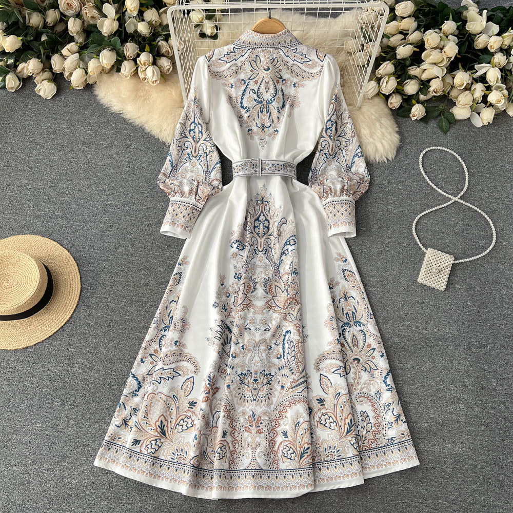 Spring And Autumn Lantern Sleeves Turndown Collar Single-Breasted Button Printed Dress Women Slim Waist Swing Long Dress 5