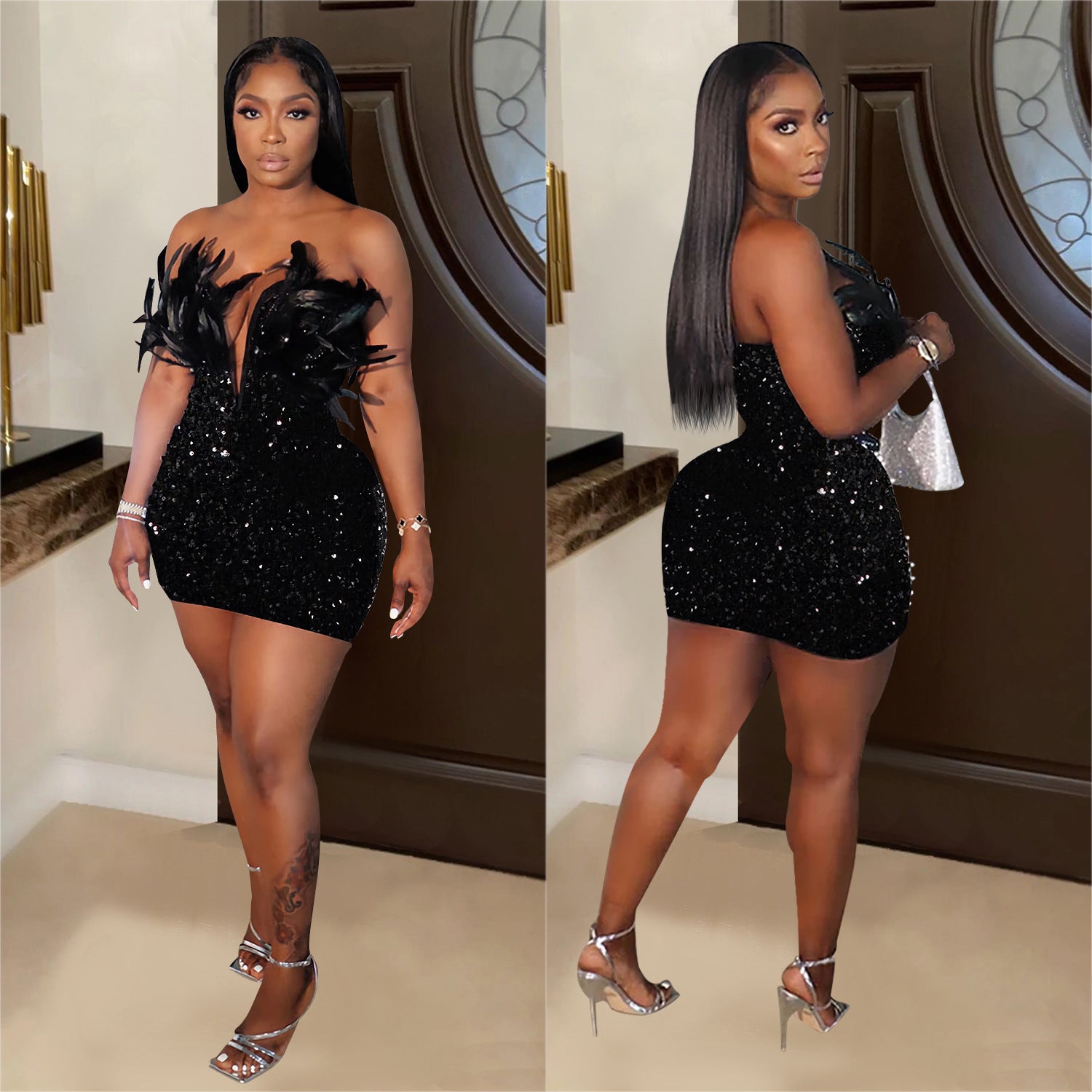 Women Sequin Feather Sleeveless Dress