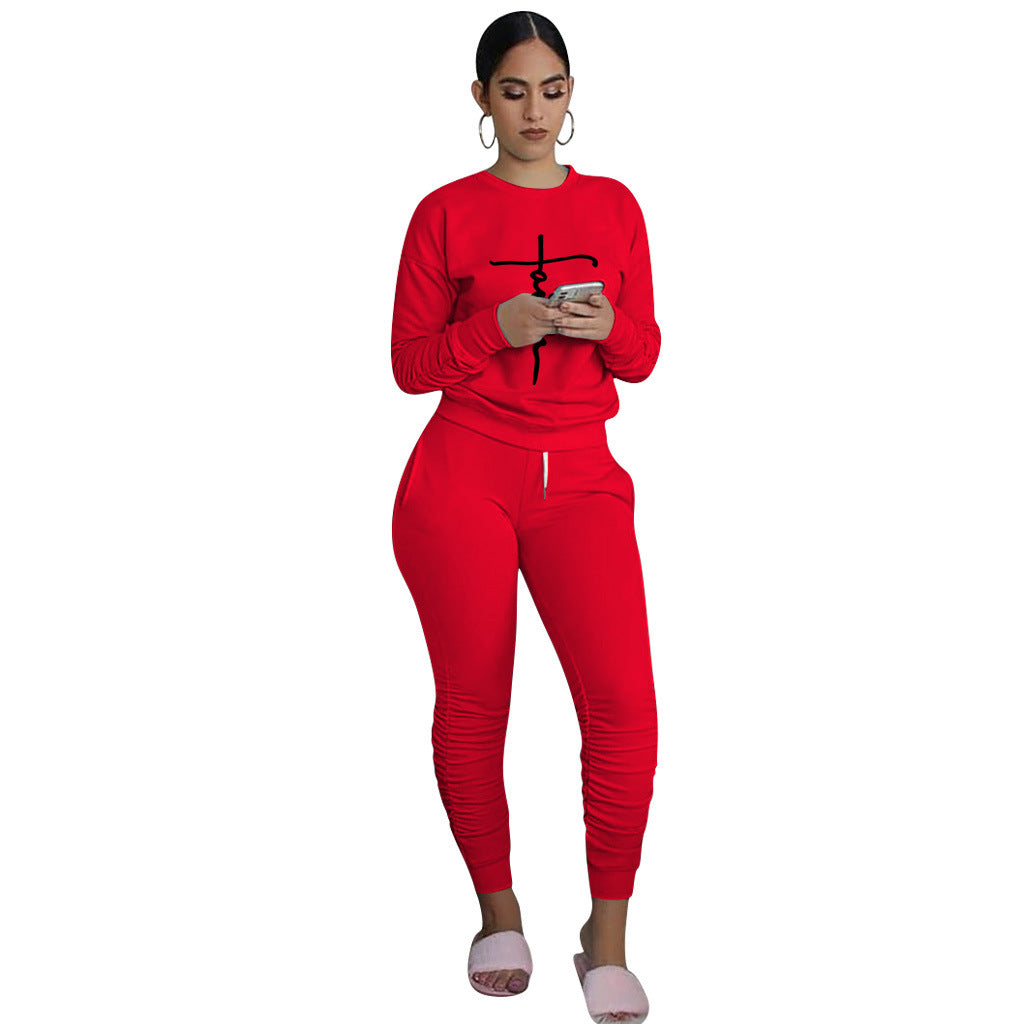 Women'S Print Solid Color Long Sleeve Round Neck Top And Ruched Pants Set Two-Piece Set