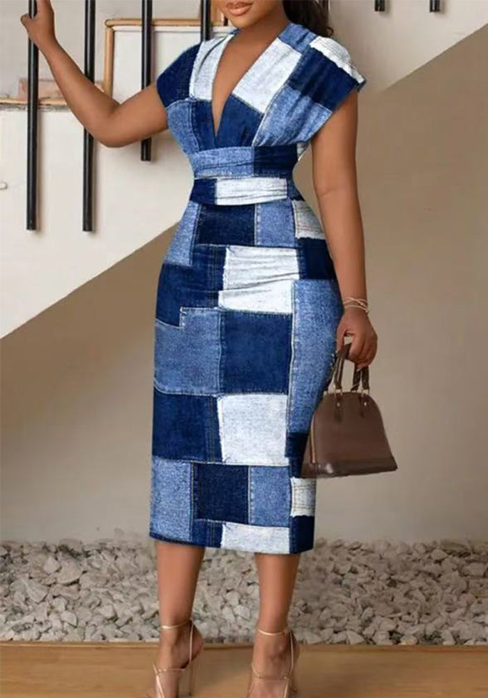 Women Summer Printed V-Neck Bodycon Dress