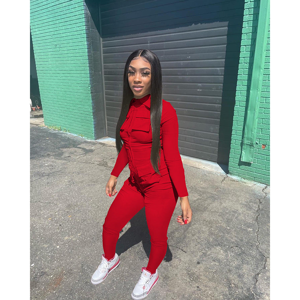 Women's Fall/Winter Solid Color Zip Pocket Cargo Jumpsuit 4