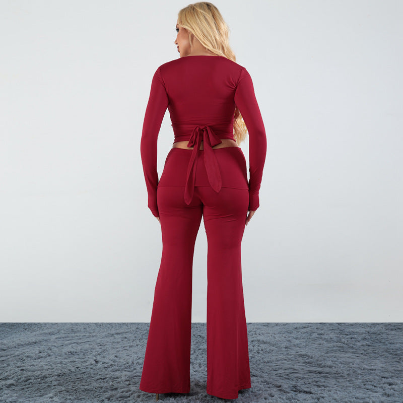 Autumn And Winter Solid Color Casual Long-Sleeved Top Strapless Top Bell Bottom Pants Three-Piece Set 9