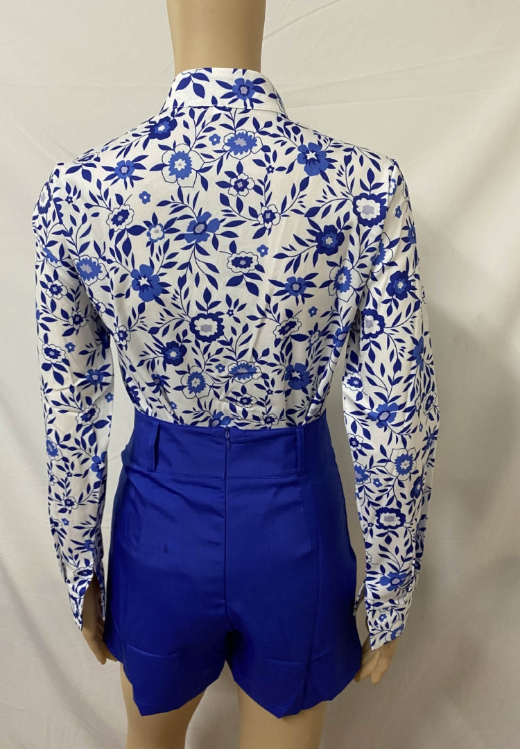Summer Formal Print Blue Long Sleeve Blouse and Plain Shorts 2 Piece Set