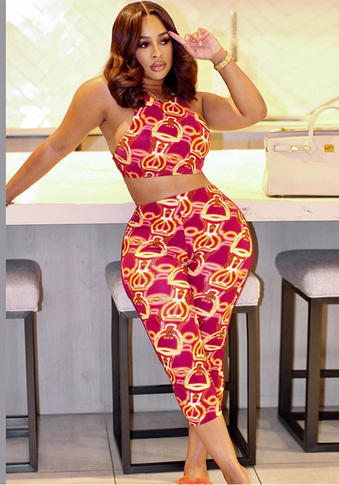 Summer Women's Sexy Color-Block Print Crop Tank Top Tight-Fitting Pants Set