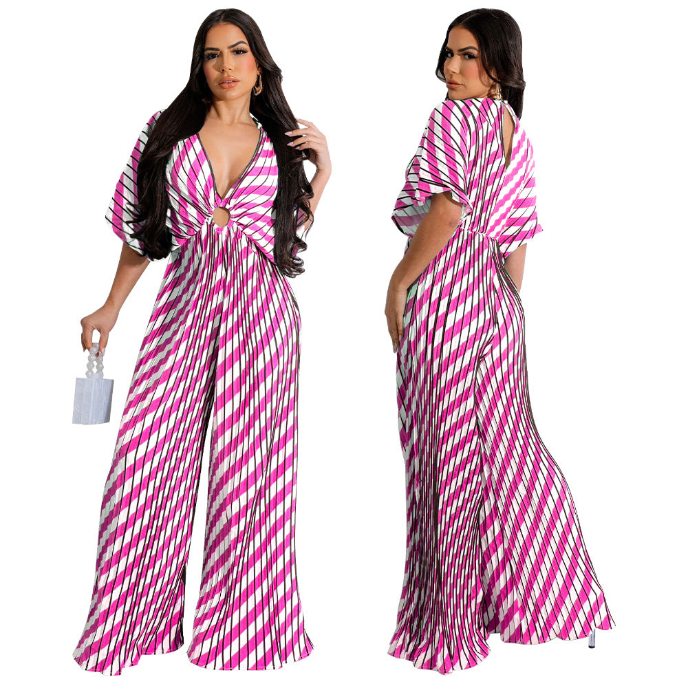 Fashion Women's V-Neck Print Pleated Casual Jumpsuit 8