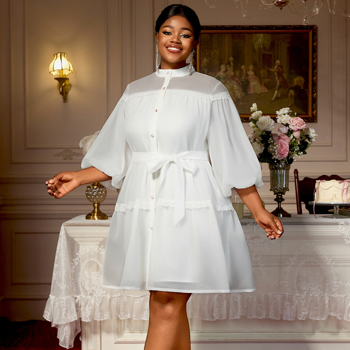 Plus Size White Lantern Sleeves Belted Button-Detail Blouse Dress Lantern Sleeves Career Wear
