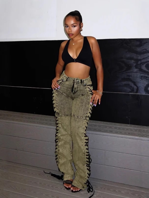 Women Trendy Lace-Up Denim Pants 7