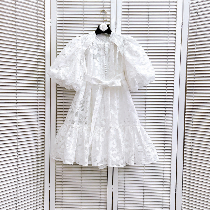 Women Round Neck Vintage Jacquard Puff Sleeve Casual Belt Dress 11