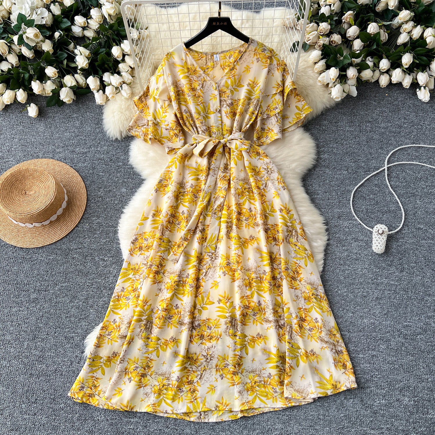 V-Neck Bell Sleeve Tie Waist A-Line Floral Dress 15