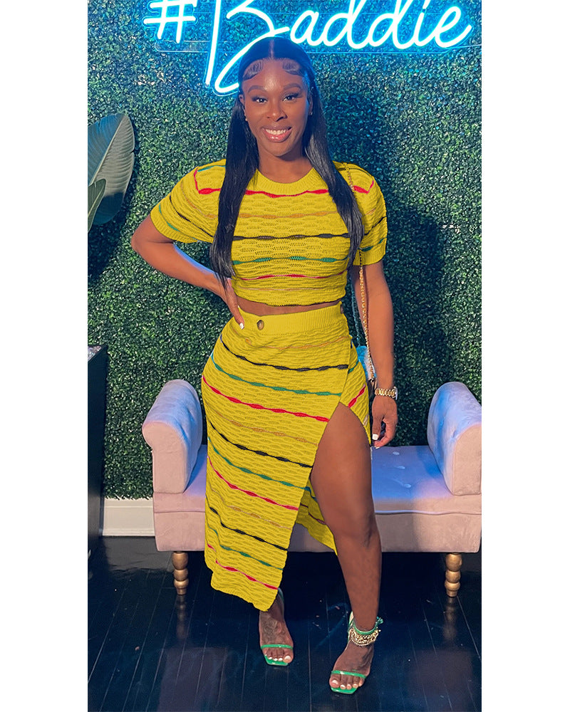 Women's Multi-Color Stripe Knitting Top Slit Skirt Two Piece Set