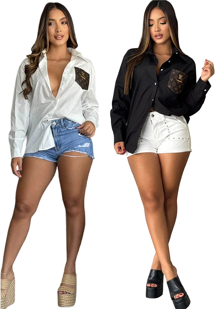 Women summer fashion casual Pu-Leather pocket shirt