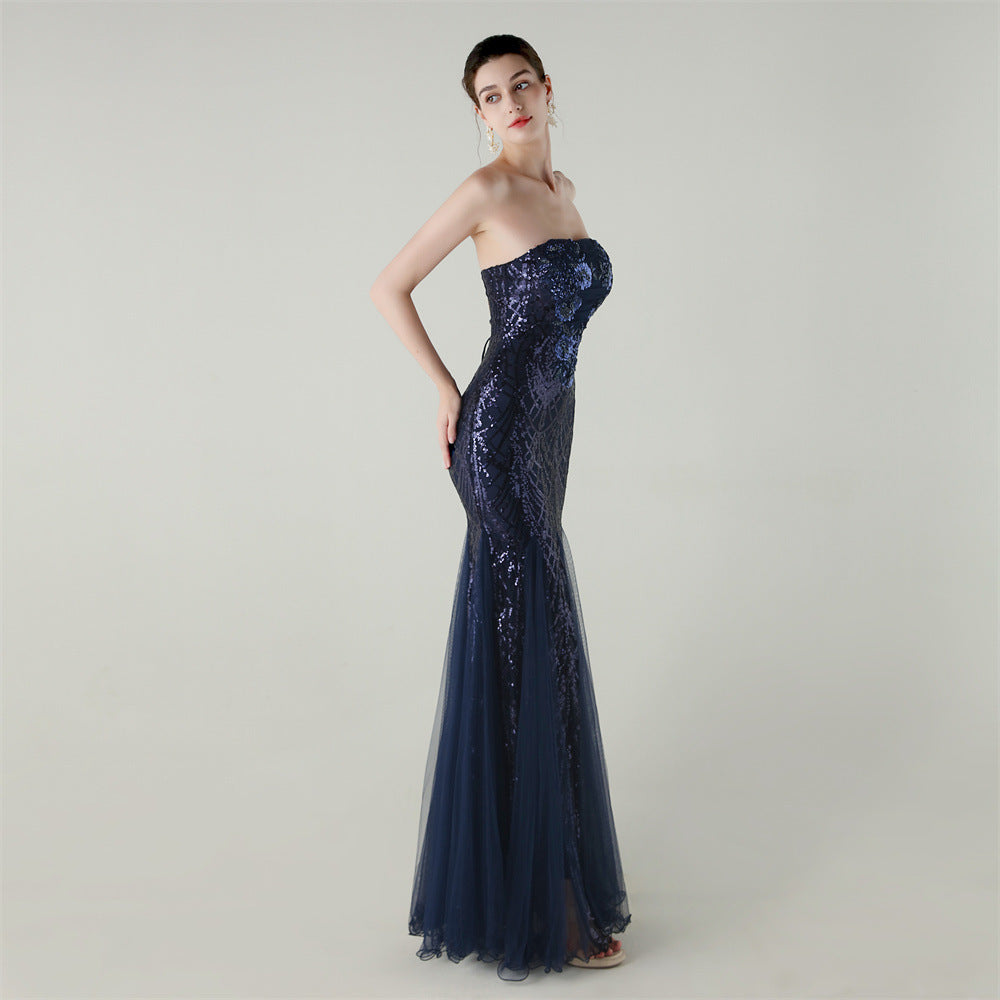 Women Strapless cross Lace-Up sequined tube flower sequined mesh evening dress Formal Party evening dress 51