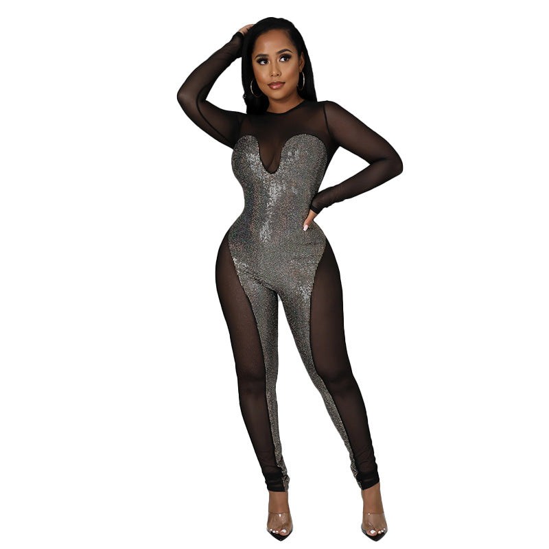 Women's Sexy See-Through Slim Sequined Mesh Long Sleeve Jumpsuit 6