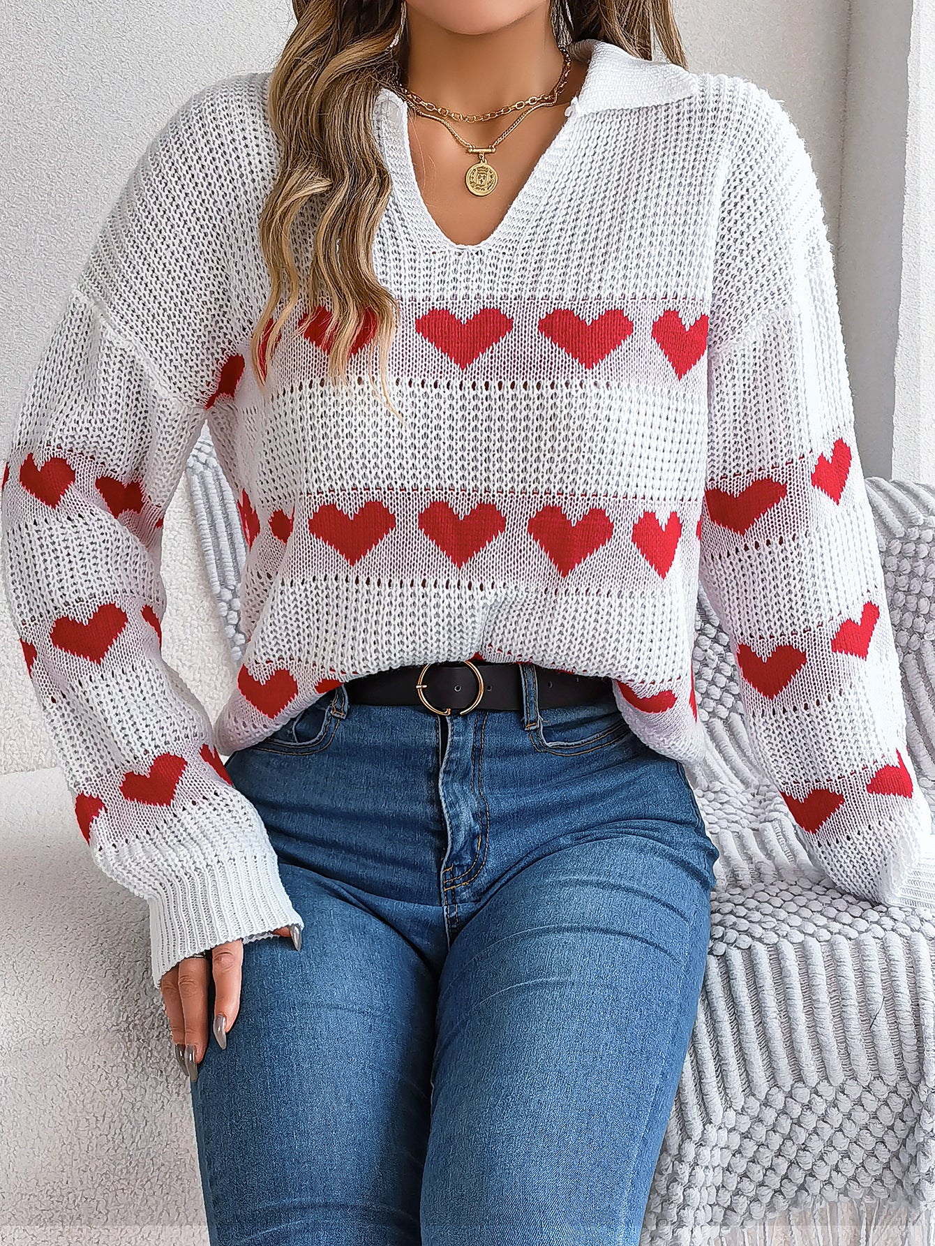 Women Fall/Winter Casual V-neck Balloon Sleeve Heart Print Sweater 3