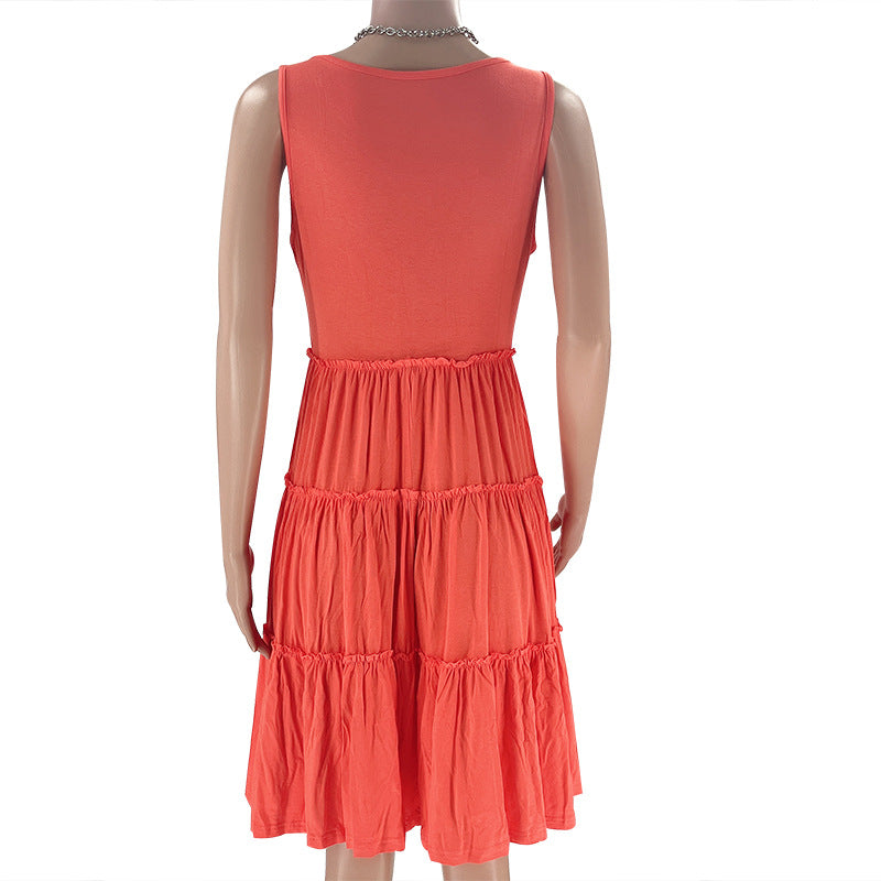 Summer Solid Round Neck Sleeveless Casual Women's Fashion Pleated Casual Dress 24