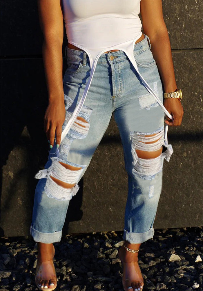 Women's Street Fashion High Waist Slim Fit Ripped Denim Pants