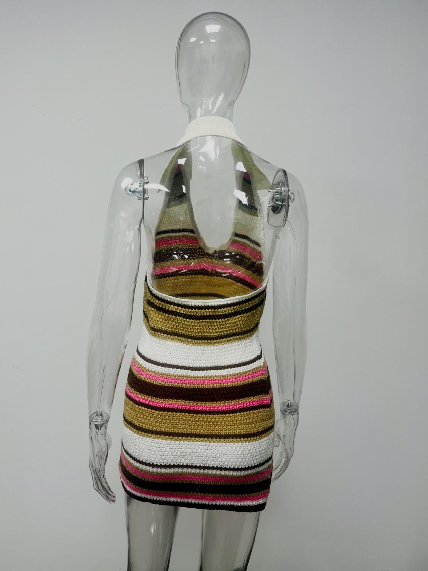 Summer Women's Striped Sexy V-Neck Halter Neck Knitted Bodycon Dress 10