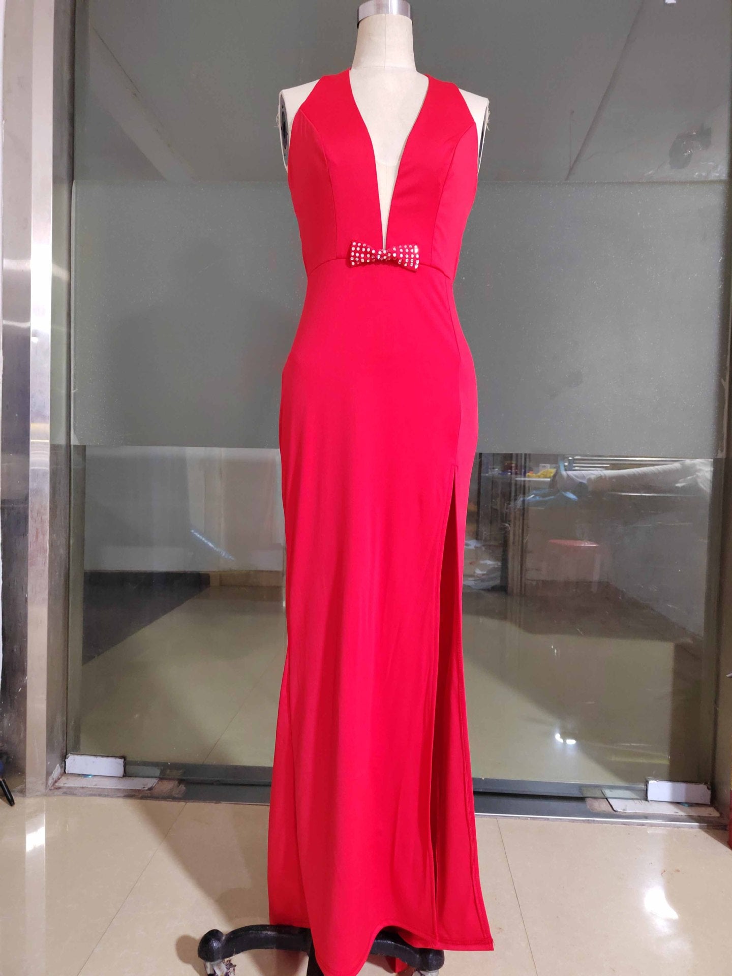 Women sexy halter neck beaded split maxi dress 6