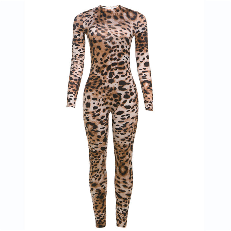Women Sexy Contrast Leopard Round Neck Long Sleeve Jumpsuit 17