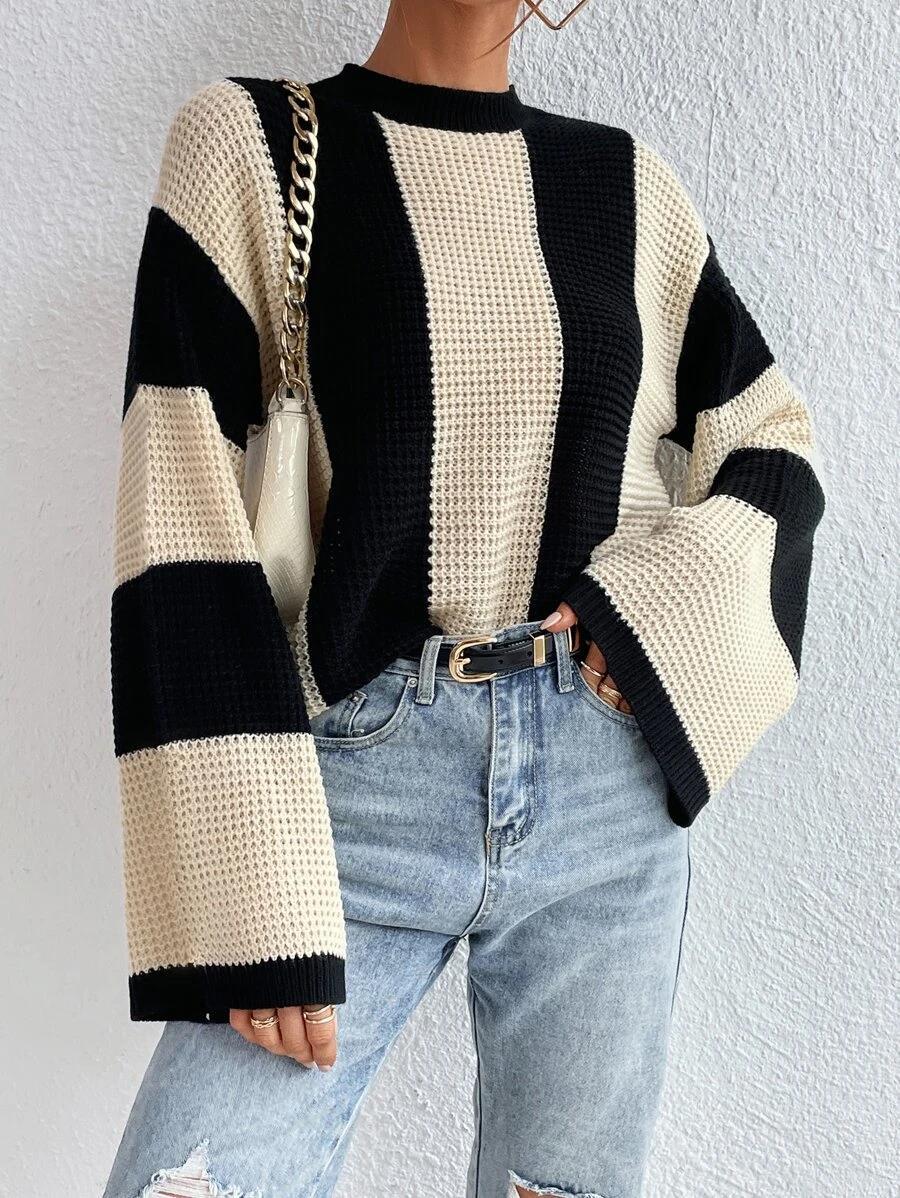 Spring And Autumn Trendy Knitting Sweater Top Round Neck Striped Sweater Jacket For Women 4